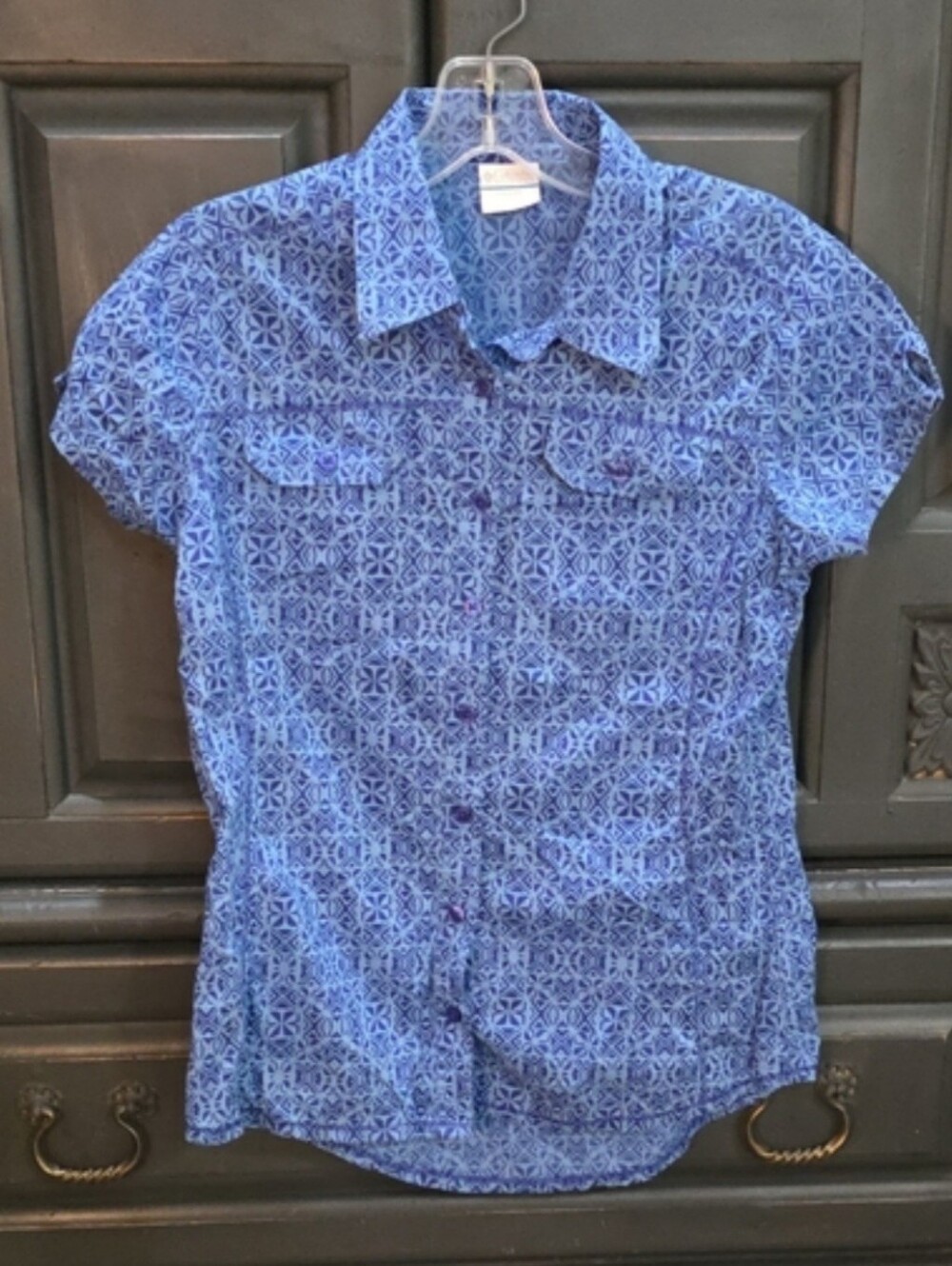 Columbia Small Womens Blue Patterned Short-Sleeve Button-Up Shirt Cotton Outdoor